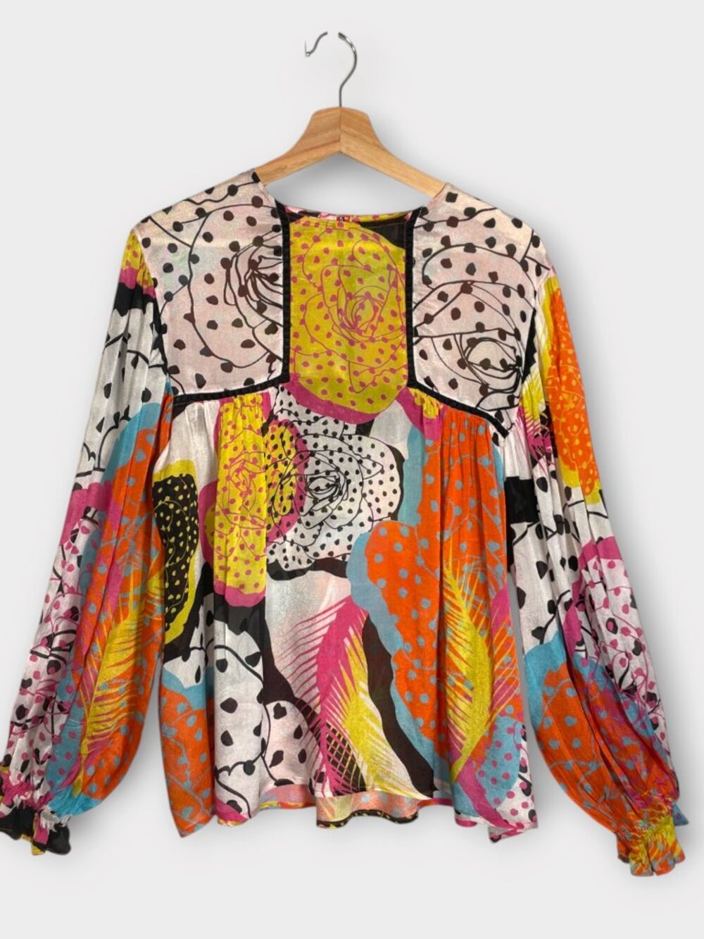 Anthropologie Blink London Blouse Popover Top S Patchwork Print Balloon Sleeves